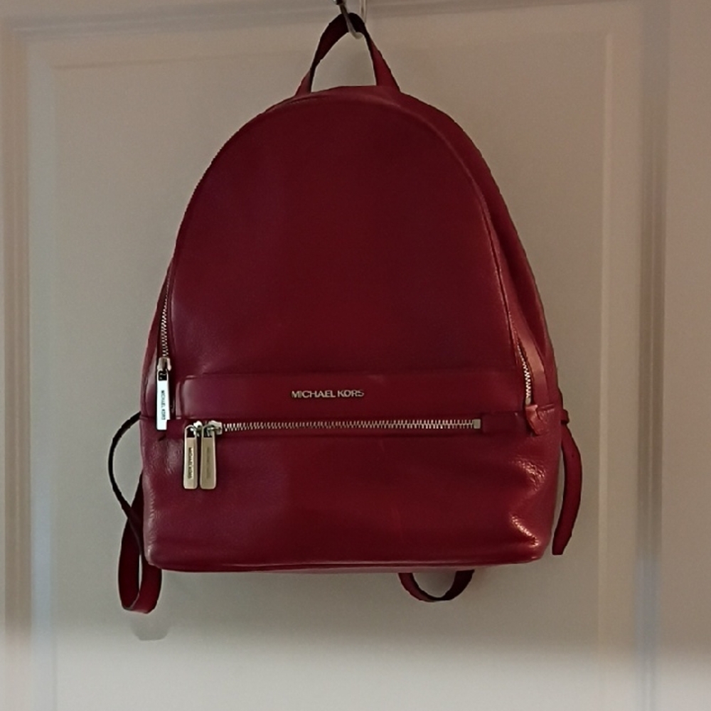 Michael Kors Cherry Red Leather Backpack with Silver Hardware